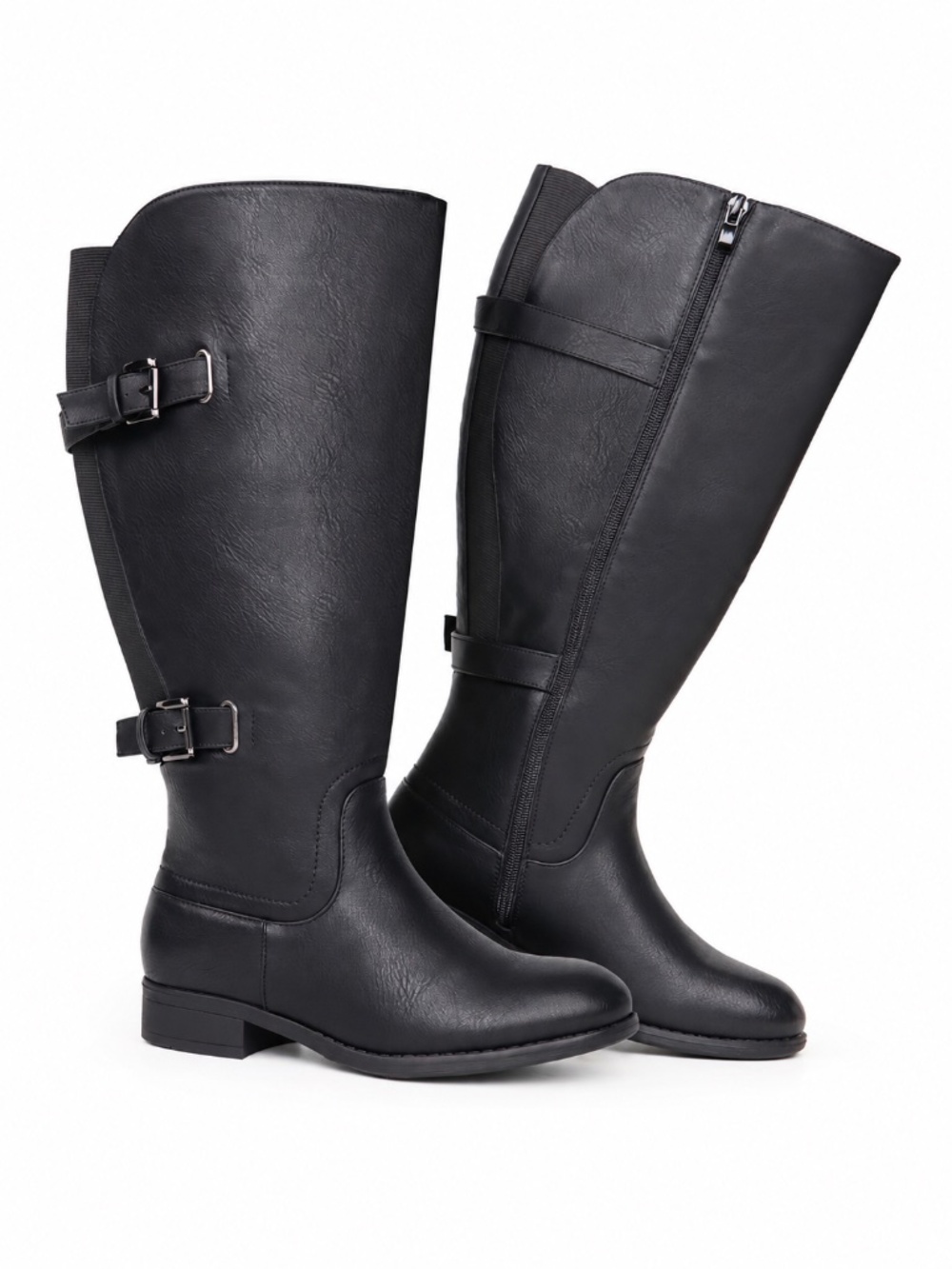 Women's Classic Extra Wide Calf Flat Heel Double Buckle Back Stretch Knee High..